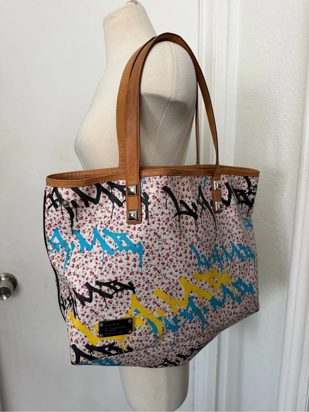 L.A.M.B. Floral Graffiti Canvas Tote with Tan Handles - Picture 1 of 9